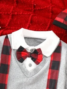 3pcs Christmas Baby Plaid Suspender Santa Claus Embroidered 2 In 1 Long Sleeve Bodysuit+ Red Plaid Pants + Hat Set
