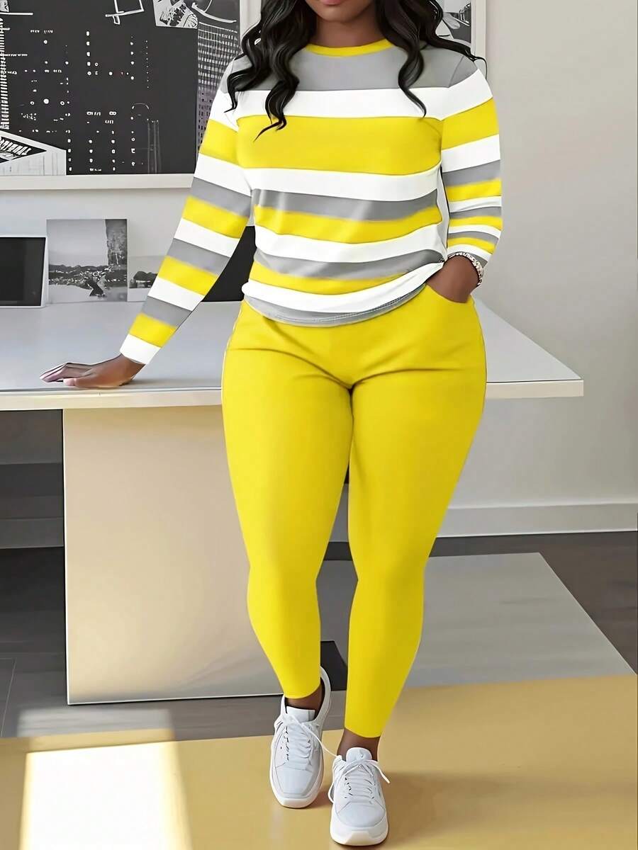 Conjunto de top de manga larga a rayas y pantalón liso de talla grande: mezcla de poliéster informal con detalle de bolsillo, tejido elástico medio y cuello redondo. Conjunto para mujer de talla grande. - Amarillo - Ver 1