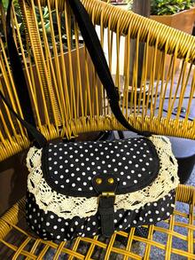 Túi xách chấm bi phong cách Hàn Quốc Back To School màu tương phản, thích hợp cho sinh viên đại học, túi đeo chéo, túi vải bố chấm bi cao cấp, túi đi học cho nữ - màu đen - Xem 7