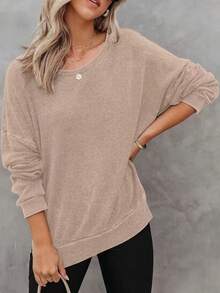 Women's Autumn/Winter New Stylish Simple Solid Color Round Neck Side Slit Waffle Knit Sweatshirt, Versatile For Commuting, Travel, Date, Daily Wear, Long Sleeve Top