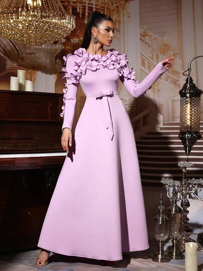 New Elegant 3D Floral Decor Square Neck Short Sleeve Dress, Suitable For Wedding Guest, Bridesmaid, Party, Formal Evening Gown