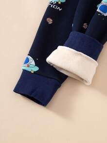 2 件套青少年男孩太空飞船卡通印花保暖睡衣套装，保暖内衣长袖上衣和裤子，秋冬 - 藏蓝色 - 查看 9