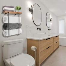 Bathroom Wall Mounted Storage Rack | Bathroom Towel Organizer Shelf | Floating Wall Shelf Wooden Tray | Bath & Beauty Products Storage | Installed By Expansion Screws | For Towel/Shampoo/Shower Gel/Toothbrush Cup Storage Bathroom Accessories - Black - View 8