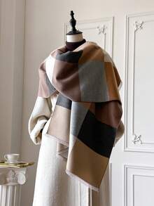 1pc Elegant Color Block Jacquard Knit Scarf, Warm And Versatile For Women, Suitable For Air-Conditioned Rooms, Autumn/Winter