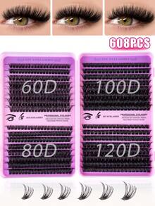 640/608 Stücke Wimpernverlängerungs-Set, DIY Wimpernverlängerungs-Set mit einzelnen Wimpern-Clustern, D-Krümmung, Wimpern-Cluster mit Wimpern-Kleber, Wimpern-Entferner und Versiegelung sowie Wimpern-Applikator-Pinsel für Anwendung zu Hause (10D-20D-30D-40D-50-60D-80D-100D-120D)