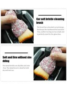 1pc Rhinestone Embellished Car Interior Crevice Brush, Short Soft Bristles Clean Air Conditioner Vent, Cleaning & Beauty - Black - View 5