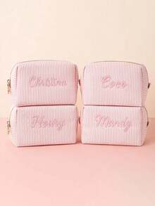 Customized Text & Striped Travel Toiletry Bag - Personalized Zipper Cosmetic Organizer Pouch, Portable Polyester Storage Box, Suitable For Travel, School, Dorm Or Home - Perfect Gift For Mom And Wife, School Essential Organizer, Waffle Material + Exclusive Name Embroidery, Christmas, Valentine's Day Gift, Makeup Brush Holder, Makeup Mirror Makeup Brush Lipstick Organizer, Portable For Business Trip And Travel. Suitable For Storing Cosmetics, Stationery, Car Accessories Christmas Beauty Accessories