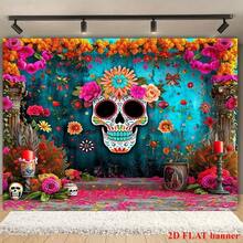 2D Flat Mexican Sugar Skull Photography Backdrop Banner, Suitable For Mexican Carnival Decoration, May Day Decoration, Party Decoration, Home Decor, Indoor & Outdoor Decoration, Holiday Decoration Party Banner, Happy Halloween Photo Booth Background, Horror Pumpkin, Ghost & Bat Pattern - Multipurpose Party & Event Decoration, Polyester, No Power Needed, Ideal For Halloween Decoration