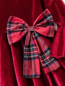 Young Girl' Luxurious Princess Style Velvet Plaid Bow Decor Dress. Velvet Fabric With A Glossy Sheen, Soft And Smooth. Burgundy Velvet Dress Body, Retro And Eye-Catching Flared Sleeves, Plaid Big Bow Adds Sophistication. Suitable For Birthday Parties, Christmas Galas, Stage Performances, Autumn/Winter. - Red - View 5