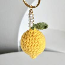 1pc Crochet Easter Lemon Keychain, Handmade Wool Keychain Charm, Easter Holiday Supplies Lemon Crochet Keychain