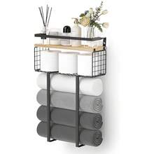 Bathroom Wall Mounted Storage Rack | Bathroom Towel Organizer Shelf | Floating Wall Shelf Wooden Tray | Bath & Beauty Products Storage | Installed By Expansion Screws | For Towel/Shampoo/Shower Gel/Toothbrush Cup Storage Bathroom Accessories - Black - View 11