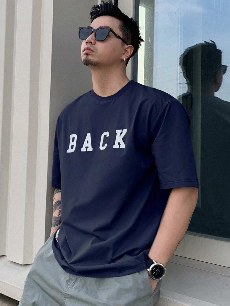 Camiseta azul marino con estampado de letras para hombre, verano, camisetas con gráficos - Azul Marino - Ver 1