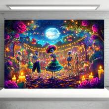 2D Flat 1pc Classic Polyester Day Of The Dead Banner, Floor Standing, Multipurpose, No Electricity Needed, Vibrant Skeleton & Mexican Costume Design, Suitable For Garden Party And All Season Outdoor Decor