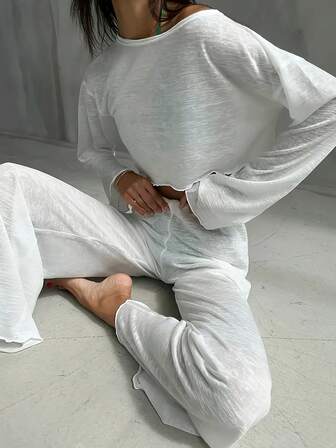 2pcs Lounge Set For Women, Long Sleeve Cropped Top, Loose Straight Leg Pants, Semi-Sheer Sexy Loungewear, Winter Clothes