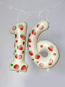 带草莓贴纸的 0-9 数字铝箔气球 - 适用于生日派对装饰、公主主题、庆祝用品、派对家居装饰、生日派对装饰 | 草莓主题装饰 | 耐用气球、生日派对装饰 - 奶油白數位草莓貼紙 - 查看 7