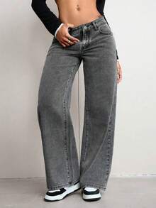 Teen Girls' Casual Black & Gray Cat Whisker Striped Straight Leg Jeans - Grey - View 3