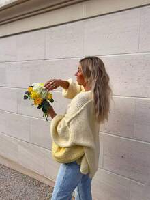 Cardigan tricoté ample et ample à épaules tombantes, couleurs vives, décontracté et énergique, pull d'automne/hiver, Noël, pull de Noël, Nouvel An - Jaune citron - Voir 3