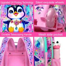 3PCS Penguin Rolling Backpack For Girls, Kids School Backpacks With Wheels, UV Printed Roller Wheeled Bookbag Set With Lunch Box