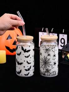 1pc Cute Halloween Glass Cup With Bamboo Lid & Reusable Straw - 500ml Jar Design, Bat, Spider, Ghost & Floral Decor, Suitable For Beer, Juice, Iced Coffee - Halloween Party Decor & Summer Beverage Container, Fun Drinking Glass, Bat Pattern, Durable Glass, Themed Glass Cup, Trick Or Treat