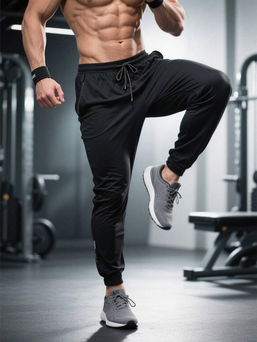 Pantalon de sport décontracté léger pour hommes, tissu soyeux élastique et séchage rapide, automne - Noir - Voir 1
