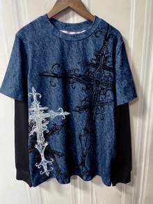 Y2K Cross Print Contrast Color Patchwork 2 In 1 T-Shirt Casual Spring - Blue - View 2