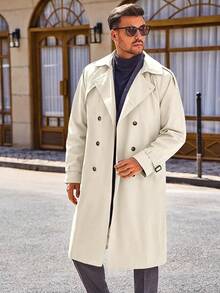 Runcati Mens Coat Double Breasted Long Casual Windbreaker Notched Lapel Belted Overcoat - Màu be - Xem 3