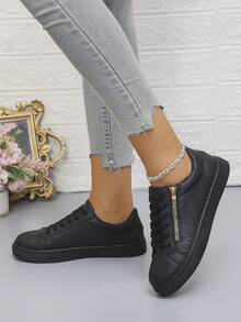 女士新款黑色休闲运动鞋，蛇纹PU材质，经典系带侧拉链设计，简约户外休闲舒适鞋（尺码偏小） - 黑色 - 查看 5