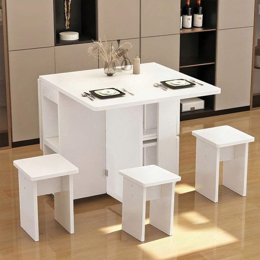 Folding Dining Table Set With 4 Chairs / Dining Table With Storage / Space-Saving Design / With 6 Wheels / Suitable For Family Gatherings And Afternoon Tea, White - 白色 - 查看 1