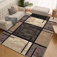 1 pieza Alfombra de área de terciopelo de lujo - Estera de poliéster lavable y resistente a la decoloración de primera calidad para sala de estar, dormitorio, oficina y decoración exterior - Rectangular, ligera y fácil de limpiar - 850 GSM, patrón geométrico beige y marrón, alfombra de confort para dormitorio | Alfombra con patrón geométrico | Alfombra lavable - Multicolor - Ver 3