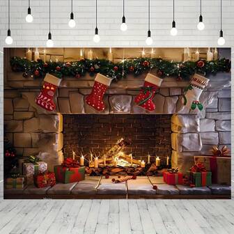2D 圣诞夜壁炉和圣诞树背景横幅 - 可重复使用的涤纶派对装饰，适合室内/室外庆祝、生日和周年纪念