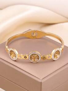 1pc Vintage Rhinestone Inlaid Tree Of Life Stainless Steel Bracelet For Women - Gold - View 4