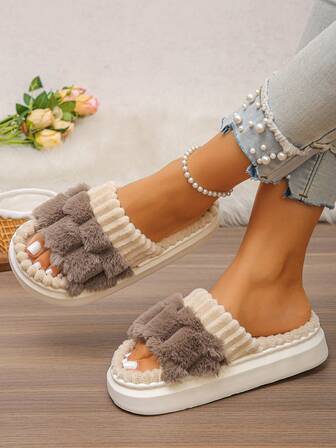 Women's Fluffy Soft Plush Open Toe Thick Bottom Warm Indoor Slippers, Cozy Home Wear, Non-Slip Quiet Floor Slippers, Autumn/Winter