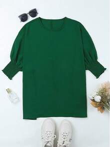Plus Size Solid Color Round Neck Batwing Sleeve Shirt - Dark Green - View 3