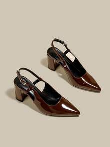 女士咖啡棕色漆皮尖头单带粗跟高跟鞋，优雅尖头正式高跟鞋，时尚露跟高跟鞋 - 咖啡棕 - 查看 5