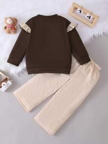 2 件女童休闲可爱熊和蝴蝶结印花运动衫 + 格子图案宽松裤户外套装，秋冬 - 棕色 - 查看 2