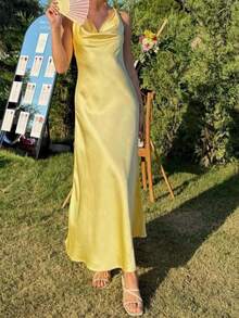 DEEKA 新款夏季时尚性感缎面感长款内衣风格派对连衣裙，适合夏季、节日、情人节、派对 - 黃色 - 查看 3