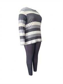Plus Size Striped Long Sleeve Top And Solid Color Pants Set - Casual Polyester Blend With Pocket Detail, Medium Stretch Fabric, Round Neck Women'S Plus Size Outfit