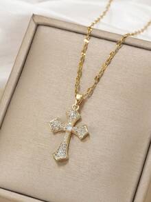 1pc Luxury Copper Zirconia Cross Pendant Necklace For Women - Gold - View 6