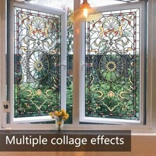 1片简约彩色图案静电吸附玻璃贴纸，双面印刷窗贴，带可见背胶，赠送礼品 - 彩色 - 查看 3