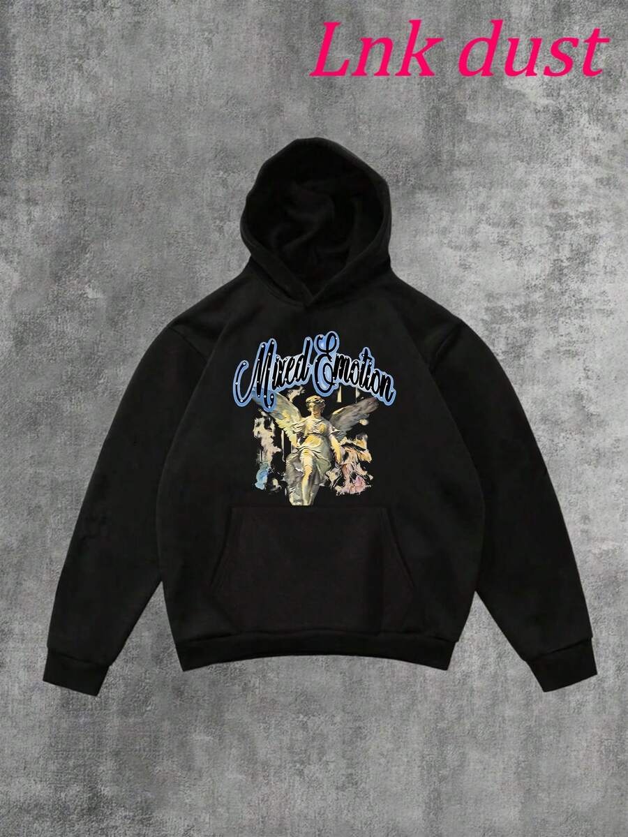 Y2K Mixed Emotions Blue "Rhinestone" Print,250g Polyester Men's And Women's Clothing Casual And Cozy Hoodies Leyo,  Long Sleeve Hooded Sweatshirt, Casual Versatile Top For Autumn Winter - 黑色 - 查看 1