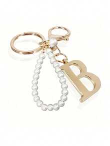 高级优雅金色珍珠字母钥匙扣，字母A-Z立体吊坠，优雅珍珠链闪钻（可根据个人喜好拆卸）时尚合金钥匙扣圈，耳机挂件，背包吊饰汽车钥匙扣 - 金色 - 查看 25