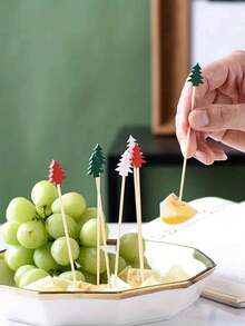 400/200/100/80/20pcs Bamboo Food Picks, Christmas Tree Food Picks, Appetizer Decorative Toothpicks With Leaves, Fruit Skewers, Pumpkins, Acorns - Multipurpose Toothpicks For Thanksgiving, Halloween, Christmas, Easter And Parties - Multicolor - View 4