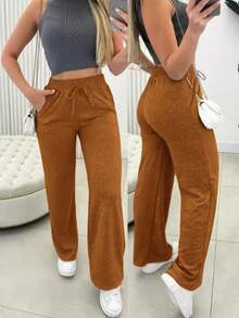 Promotion Women's High-Waisted Wide-Leg Pants With Pocket - 駝色 - 查看 2