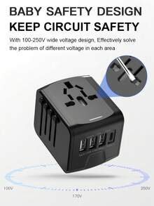 1pc Universal Travel Power Adapter, Travel Universal Plug, 3USB+1Type-C Ports, 110V-240V Input, Power Adapter Computer Accessories, US/EU/UK/AU Plugs, Surge Protection, Suitable For Over 170 Countries/Regions, Essential For Business Trip And Travel, For Computer, Tablet, Laptop