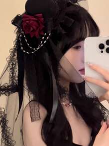 1pc Vintage Bridal Tea Party Headpiece - Floral Lace Veil With Red Rose Accents, Korean/Japanese Style Wedding Photography Parade Accessory, Hand Wash Only Polyester Hair Decor Halloween