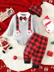 3pcs Christmas Baby Plaid Suspender Santa Claus Embroidered 2 In 1 Long Sleeve Bodysuit+ Red Plaid Pants + Hat Set