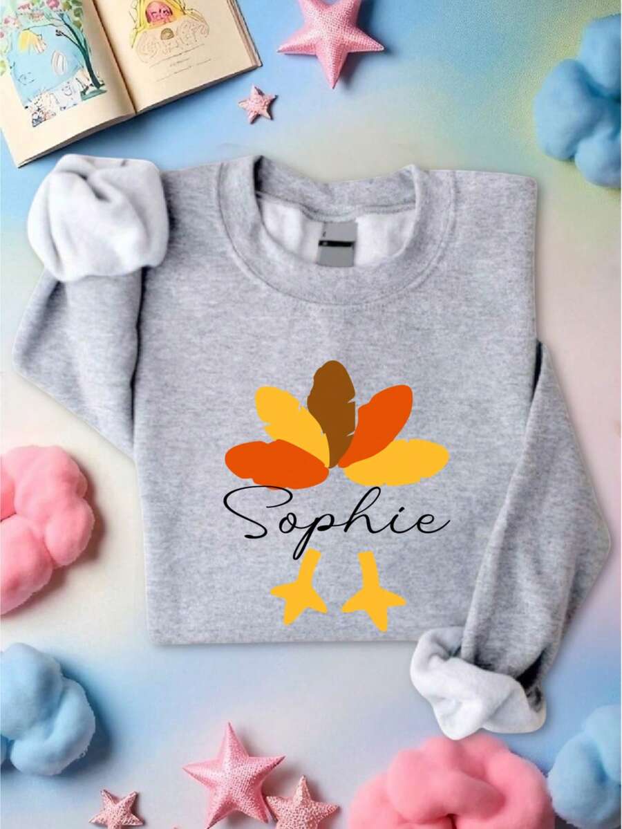 Custom Name Thanksgiving Kids Shirt, Personalized Turkey Kids T-Shirt, Thanksgiving Boys Girls Gift, Thankful Youth Hoodie, Thanksgiving Family Tee, Matching Cousins Fall Toddler Shirt. CU-92 - 灰色 - 查看 1