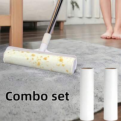 地板粘毛滚筒（含替换装），宽型宠物毛发去除滚筒，地毯清洁粘毛滚筒，粘毛去除器，长柄粘拖把[3个替换装]，7.48英寸/19厘米长，适用于清洁地毯、地板、沙发床、汽车、衣物和宠物毛发