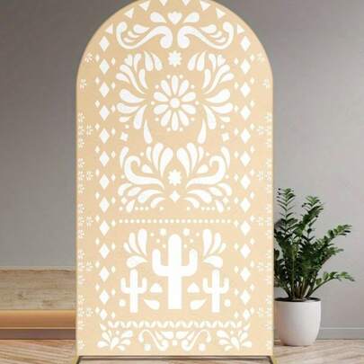 1 pieza Arco de fondo beige amarillo para baby shower, boda mexicana Talavera, fiesta, cubierta elástica para soporte de arco, pancarta de doble cara para bautizo, decoración de cumpleaños (solo cubierta) (2.6x5.9ft, beige amarillo)