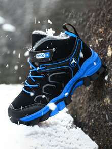 1 双儿童高帮雪地靴，保暖内衬加厚保暖户外靴，狼牙扣防滑登山鞋，男童女童冬季鞋 - 黑藍色 - 查看 4
